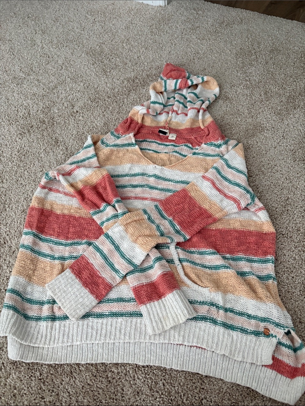 ROXY Striped Hooded Women's Sweater in Cream, Coral & Teal